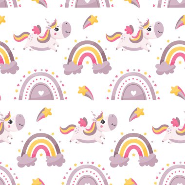 Tek boynuzlu atlar, gökkuşakları, yıldızlar, bulutlar, gökyüzü, kanatlar, kalpler içeren kusursuz şirin bir vektör.