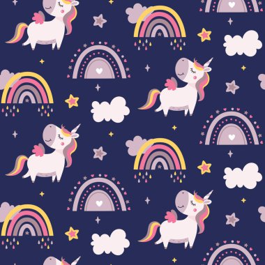 Tek boynuzlu atlar, gökkuşakları, yıldızlar, bulutlar, gökyüzü, kanatlar, kalpler içeren kusursuz şirin bir vektör.