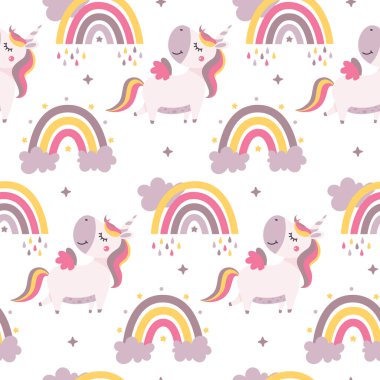 Tek boynuzlu atlar, gökkuşakları, yıldızlar, bulutlar, gökyüzü, kanatlar, kalpler içeren kusursuz şirin bir vektör.