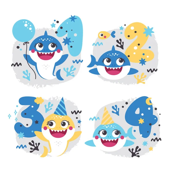 Zestaw wektor Baby Shark urodziny ilustracje — Wektor stockowy