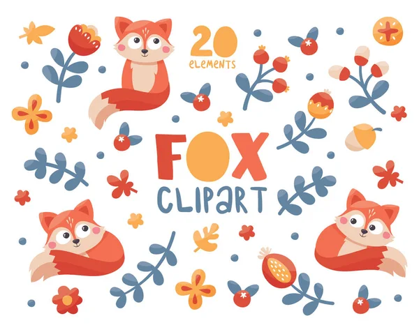 Cute vector animal and floral woodland clipart with foxes, flowers, plants, berries, leaves, acorn — Stock Vector