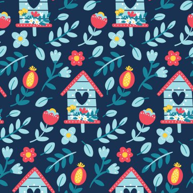 Kuş evi, çiçekler, bitkiler, dallar, böğürtlenler, yapraklar, doğa...