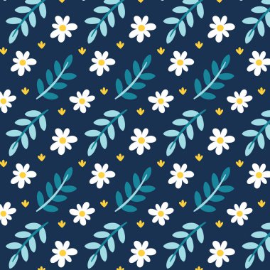 Çiçekler, papatyalar, bitkiler, dallar ve yapraklarla kusursuz bir bahar çiçeği deseni.