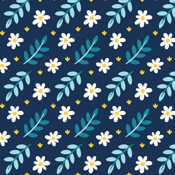 Vecteur mignon sans couture motif floral printanier avec fleurs, camomilles, plantes, branches, feuilles — Image vectorielle