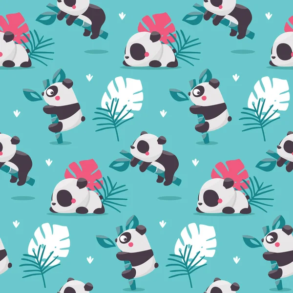 Bambu dallarında, yapraklarda ve bitkilerde panda ayılarıyla şirin, pürüzsüz bir desen.