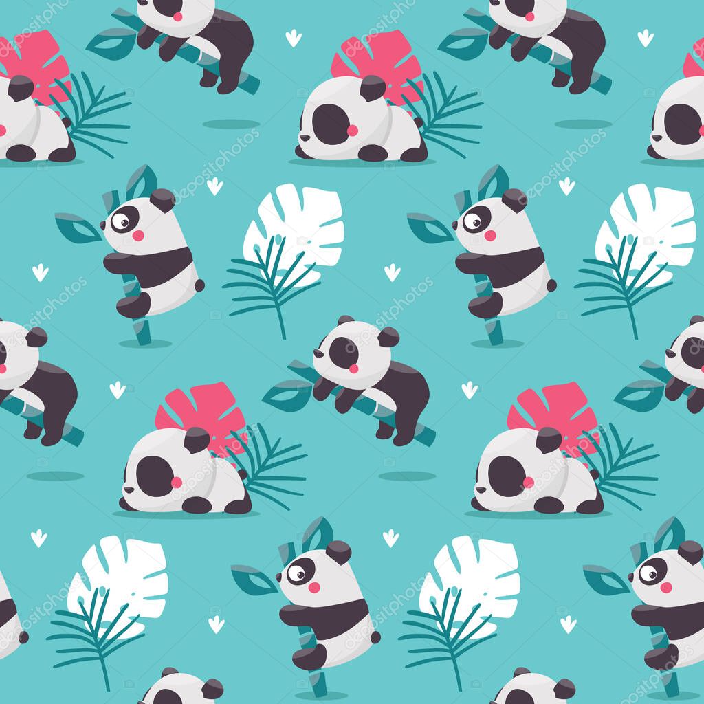 Cute seamless pattern with Panda Bears on Bamboo branches, leaves and plants
