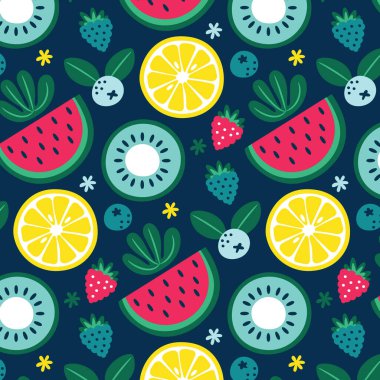 Meyve, meyve, limon, kivi, karpuz, ahududu böğürtlen yapraklı kusursuz vektör çiçek deseni.