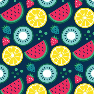 Meyve, meyve, limon, kivi, karpuz, ahududu böğürtlen yapraklı kusursuz vektör çiçek deseni.