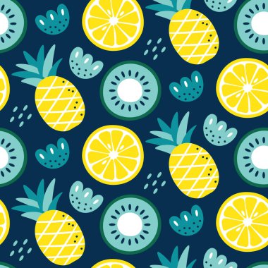 Limon, kivi, ananas, çiçekler, bitkiler ve yapraklarla süslenmiş kusursuz bir yaz deseni.