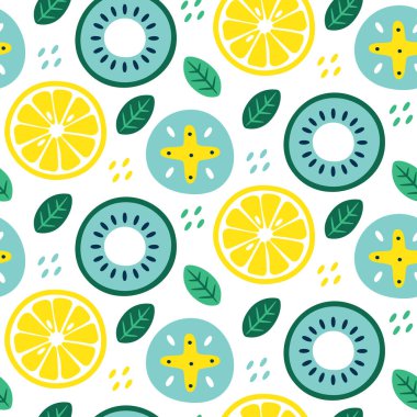 Limon, kivi, çiçek, bitki ve yapraklı kusursuz çiçek deseni.