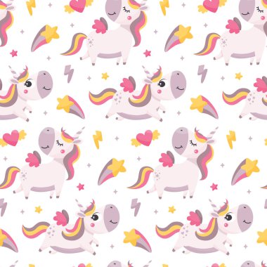 Tek boynuzlu atlar, yıldızlar, gökyüzü, kanatlar ve kalplerle kusursuz sihirli gökyüzü deseni.