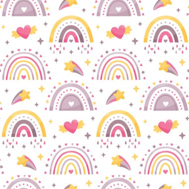 Gökkuşakları, bulutlar, yıldızlar ve kalplerle kusursuz gökyüzü deseni.