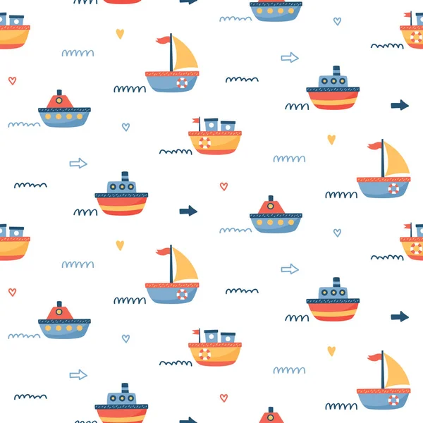 Płynny wektor wzór dla dzieci z cute pojazdów transportu kreskówek: statek, łódź, jacht — Wektor stockowy