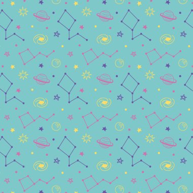 Gezegenler, yıldızlar, ay, kuyrukluyıldız, Satürn, takımyıldızlı kusursuz bir çizgi film çizimi.