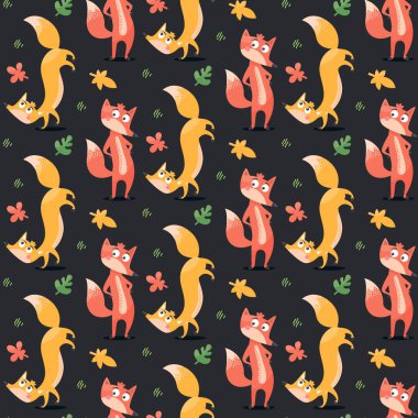 Karanlık arka planda tilki ve yaprakları olan kusursuz orman desenleri.