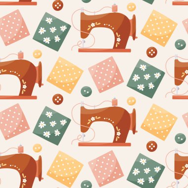 Kumaş, düğme, kumaş, kumaş örnekleri, dikiş makinesi ve örgü desenli kusursuz boho vektörü.