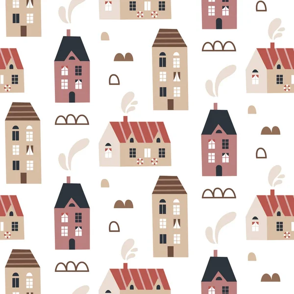 Seamless cute vector scandinavian pattern with small tiny houses in boho style — Stock Vector