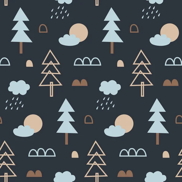 Безмятежный милый векторный рисунок леса с деревьями, растениями, камнями, облаками, солнцем — стоковый вектор