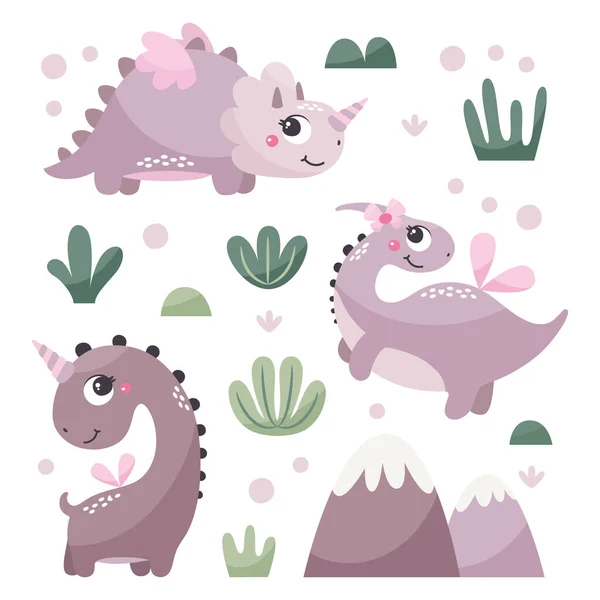 Lindo conjunto de vectores con dinosaurios niñas con plantas, árboles, arbustos, piedras en colores de moda — Vector de stock