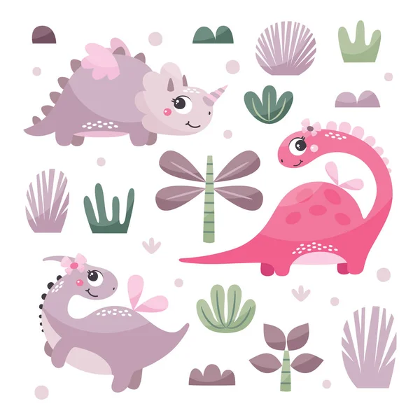 Lindo conjunto de vectores con dinosaurios niñas con plantas, árboles, arbustos, piedras en colores de moda — Vector de stock