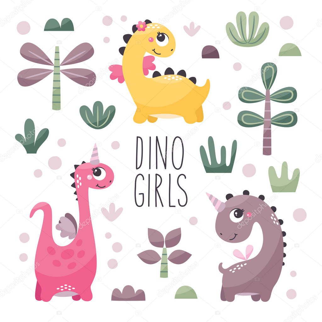 Cute Vector Set with Dinosaur Girls with plants, trees, bushes, stones in trendy colors