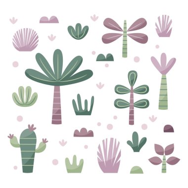 Bitkiler, ağaçlar, çalılar, taşlar ve yapraklarla süslü sevimli bir vektör.