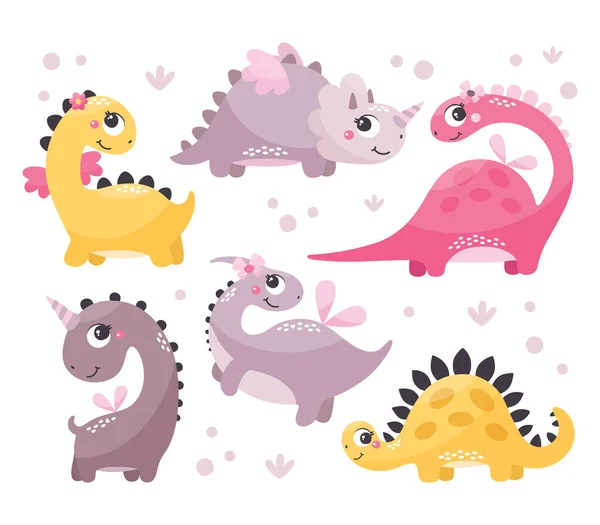 Lindo vector salvaje conjunto con dinosaurios niñas en colores de moda — Vector de stock