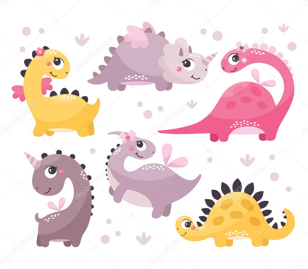 Cute wild vector set with Dinosaur Girls in trendy colors