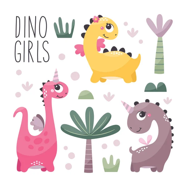 Conjunto de vetores bonito com dinossauros Meninas com plantas, árvores, arbustos, pedras em cores da moda —  Vetores de Stock