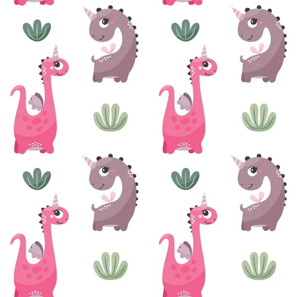 Cute Vector seamless pattern with Dinosaur Girls, plants, trees, bushes, stones in trendy colors — Stock Vector