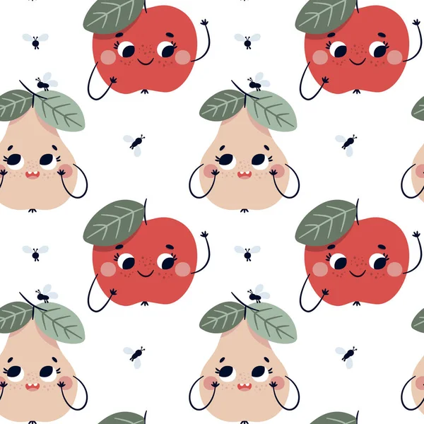 Vektor nahtlose Muster mit lustigen Früchten Zeichen: Apfel, Birne. Cartoon-Illustration für Babydusche, Kinderzimmer-Dekor, Kinderdesign — Stockvektor