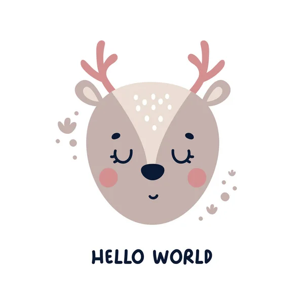 Cute vector nursery card with baby animal bear in trendy colors and phrase Hello world — Stock Vector