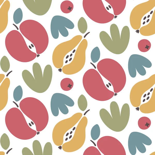 Płynny wektor abstrakcyjny wzór kwiatowy z owocami, jabłkami, gruszkami, jagodami, liśćmi, roślinami, elementami abstrakcyjnymi w stylu boho do mody, tkanin, tapet i wszystkich nadruków — Wektor stockowy