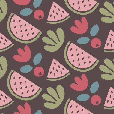 Meyveler, karpuz, böğürtlenler, yapraklar, bitkiler, moda, kumaş, duvar kağıdı ve tüm baskılar için soyut elementler içeren kusursuz vektör soyut deseni.