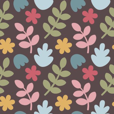 Çiçekler, yapraklar, bitkiler, moda, kumaş, duvar kağıdı ve tüm baskılar için boho stilinde soyut elementler içeren kusursuz vektör soyut deseni