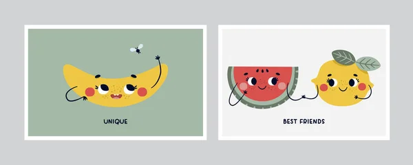 Cartões de desenhos animados vetoriais bonitos com personagens engraçados de frutas: banana, limão, melancia e tags legais. Desenhos animados para decoração de quarto de berçário, design de crianças — Vetor de Stock