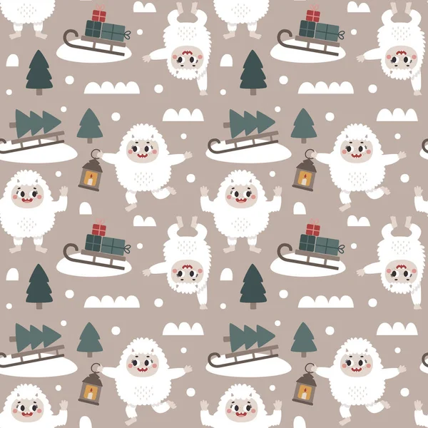 Christmas wild winter cute seamless pattern with Yeti characters, Bigfoot, stones, sleigh, christmas tree, gifts in scandinavian Boho style