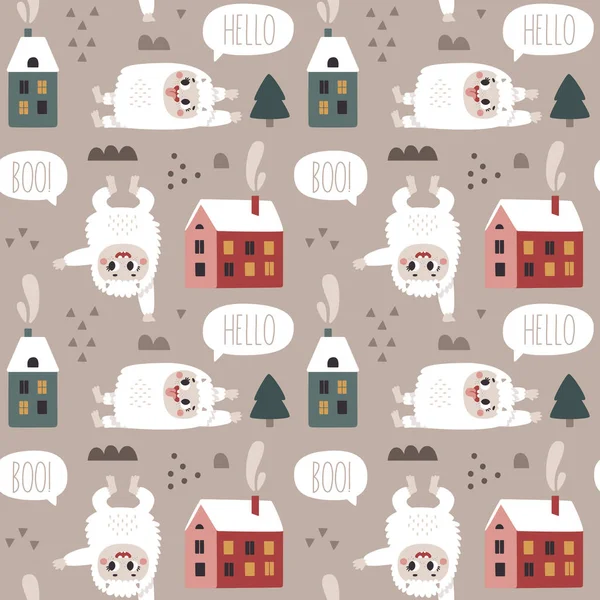 Christmas Wild Winter Cute Seamless Pattern Yeti Characters Bigfoot Stones — Stock vektor