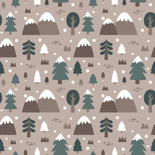 Christmas Cute Wild Winter Forest Seamless Pattern Christmas Trees Mountains — Stock Vector