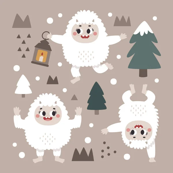 Christmas wild winter cute set with Yeti characters, Bigfoot, stones, snow, christmas tree, a warming candle, lantern in scandinavian Boho style