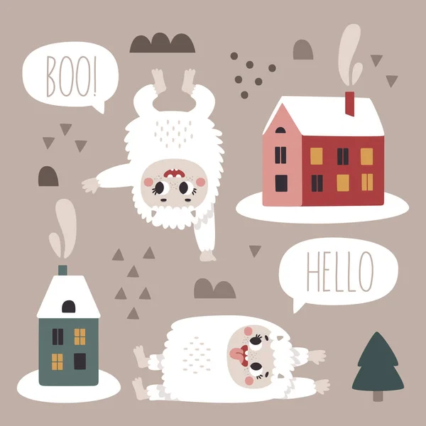 Christmas Wild Winter Cute Set Yeti Characters Bigfoot Stones Houses — Διανυσματικό Αρχείο
