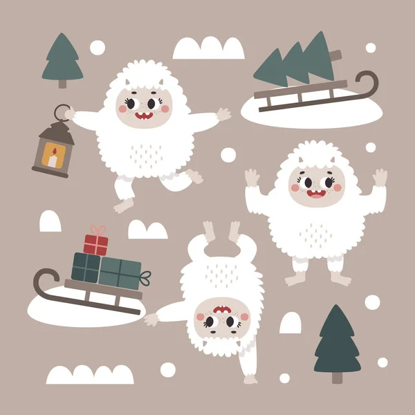 Christmas Wild Winter Cute Set Yeti Characters Bigfoot Stones Sledge — Stok Vektör