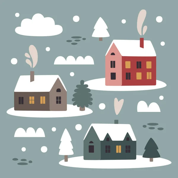 Cute Christmas winter houses clipart set with Christmas houses and smoke from the chimney, Christmas trees, stones, bushes, snow in trendy scandinavian Boho style