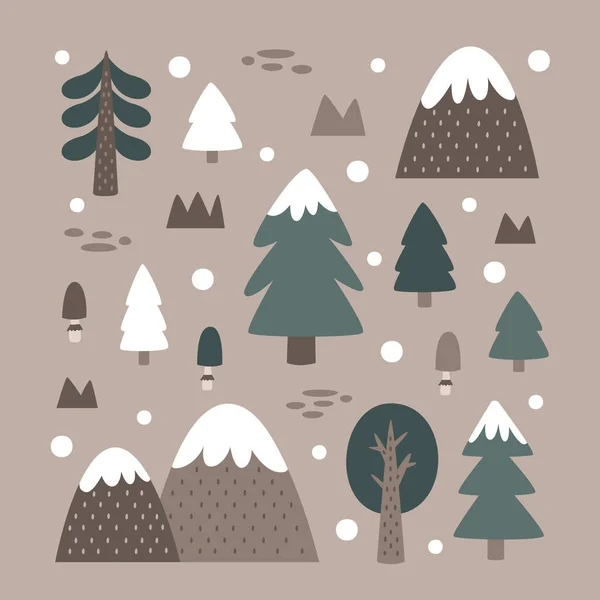 Christmas Cute Winter Forest Clipart Set Christmas Trees Stones Mountains — Διανυσματικό Αρχείο