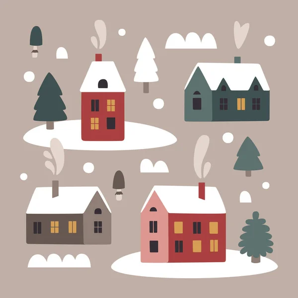 Cute Christmas winter houses clipart set with Christmas houses and smoke from the chimney, Christmas trees, stones, bushes, snow in trendy scandinavian Boho style
