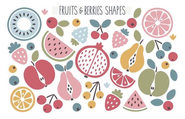 Abstract floral clipart set with fruits, apples, pears, watermelon, kiwi, lemon, orange, grapefruit, berries, cherry, blueberry leaves plants abstract elements in boho style
