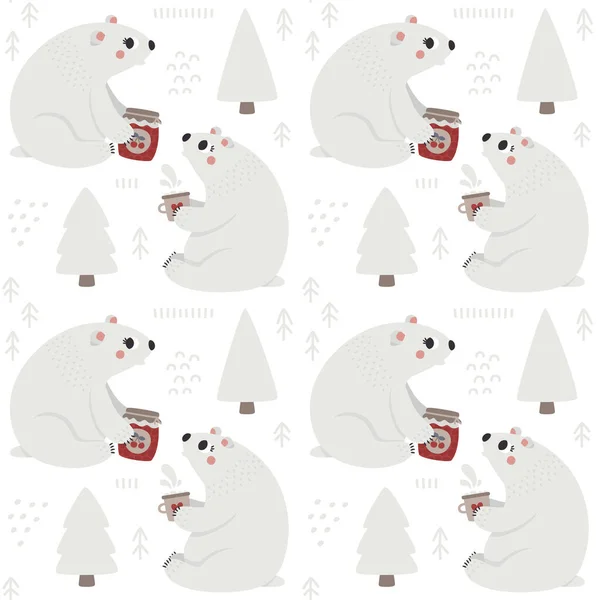 Cute Christmas wektor zimowy bezszwowy wzór z niedźwiedziem polarnym, choinki, elementy dekoracyjne, Ilustracja nowego roku — Wektor stockowy