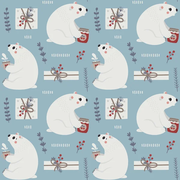白クマ、赤ちゃんクマ、クリスマスブランチ、新年の贈り物、装飾要素、新年のイラストとかわいいクリスマス冬のベクトルシームレスパターン — ストックベクタ