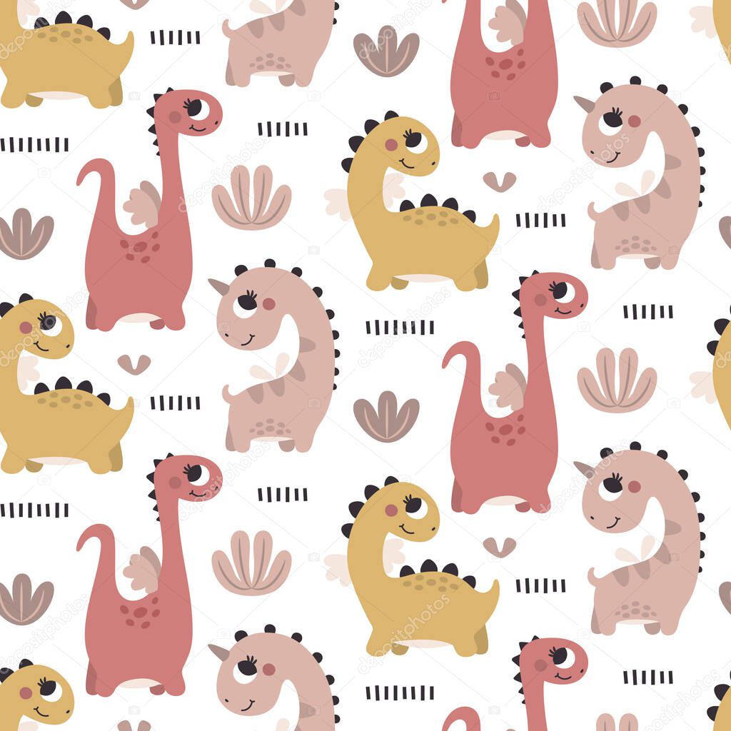 Cute Dino vector seamless pattern with Dinosaur Girls, plants, leaves, bushes, stones in trendy boho colors