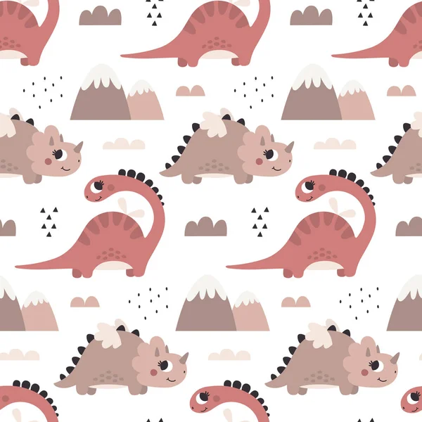 Mignon vecteur Dino motif sans couture avec dinosaures Filles, plantes, montagnes, pierres dans des couleurs boho à la mode — Image vectorielle